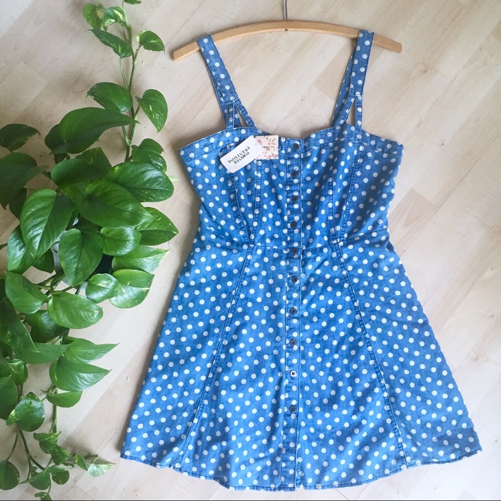 FOREVER 21 Chambray Polka Dot Sweetheart Dress M